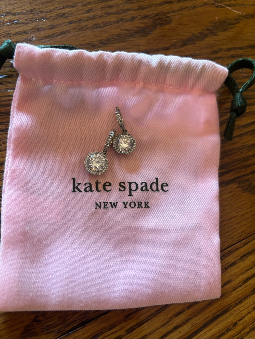 Kate Spade Silver Crystal Halo Drop Earrings with Pink Pouch - Picture 1 of 2